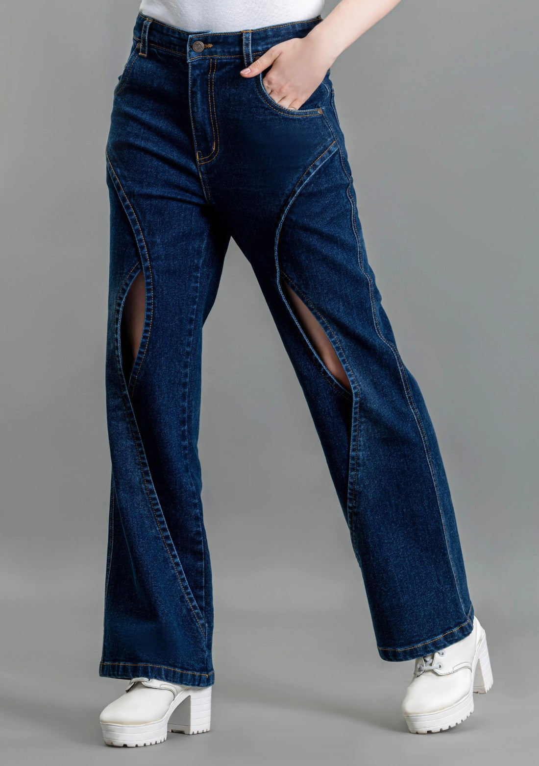 Blue Wide Leg Cross Panel Thigh Open Women's Jeans bottom wear