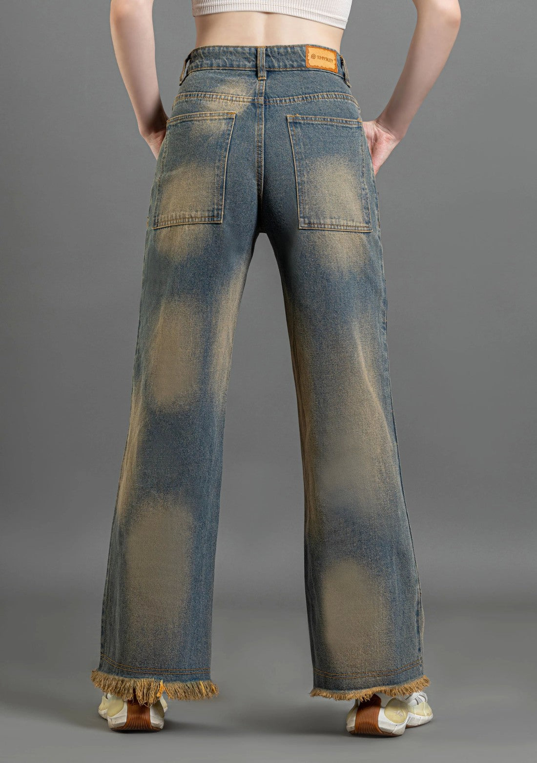 Beige and Blue Wide Leg Women's Fashion Jeans bottom wear