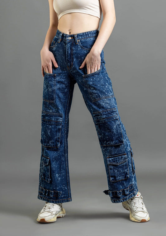 Blue Wide Leg Cargo Style Women's Fashion Jeans bottom wear