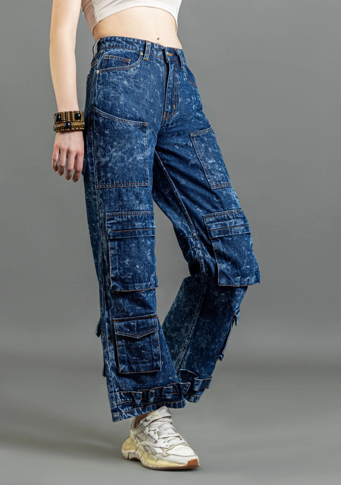 Blue Wide Leg Cargo Style Women's Fashion Jeans bottom wear