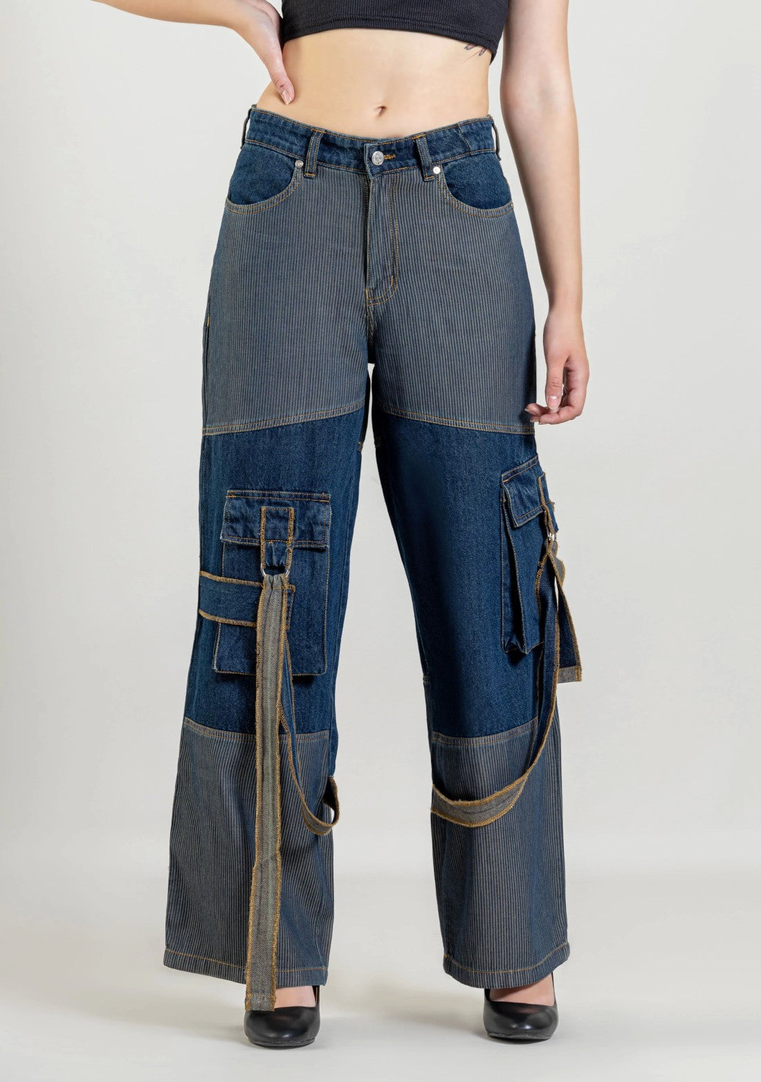 Blue Wide Leg Two Tone Panel Cargo Style Women's Jeans bottom wear