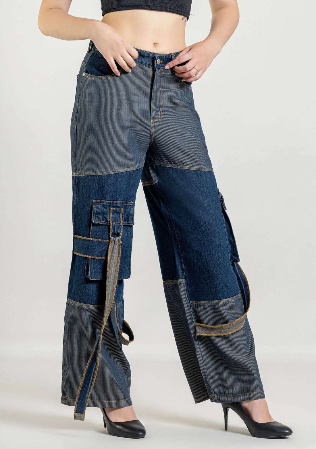 Blue Wide Leg Two Tone Panel Cargo Style Women's Jeans bottom wear