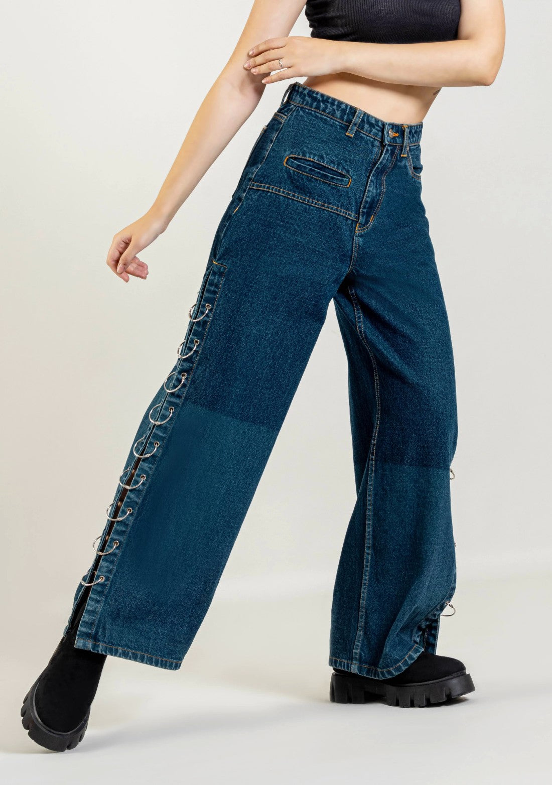 Ocean Blue Wide Leg Side Open Style Jeans bottom ware