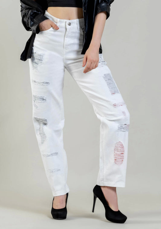 White Straight Fit Women's Distressed Jeans bottom wear