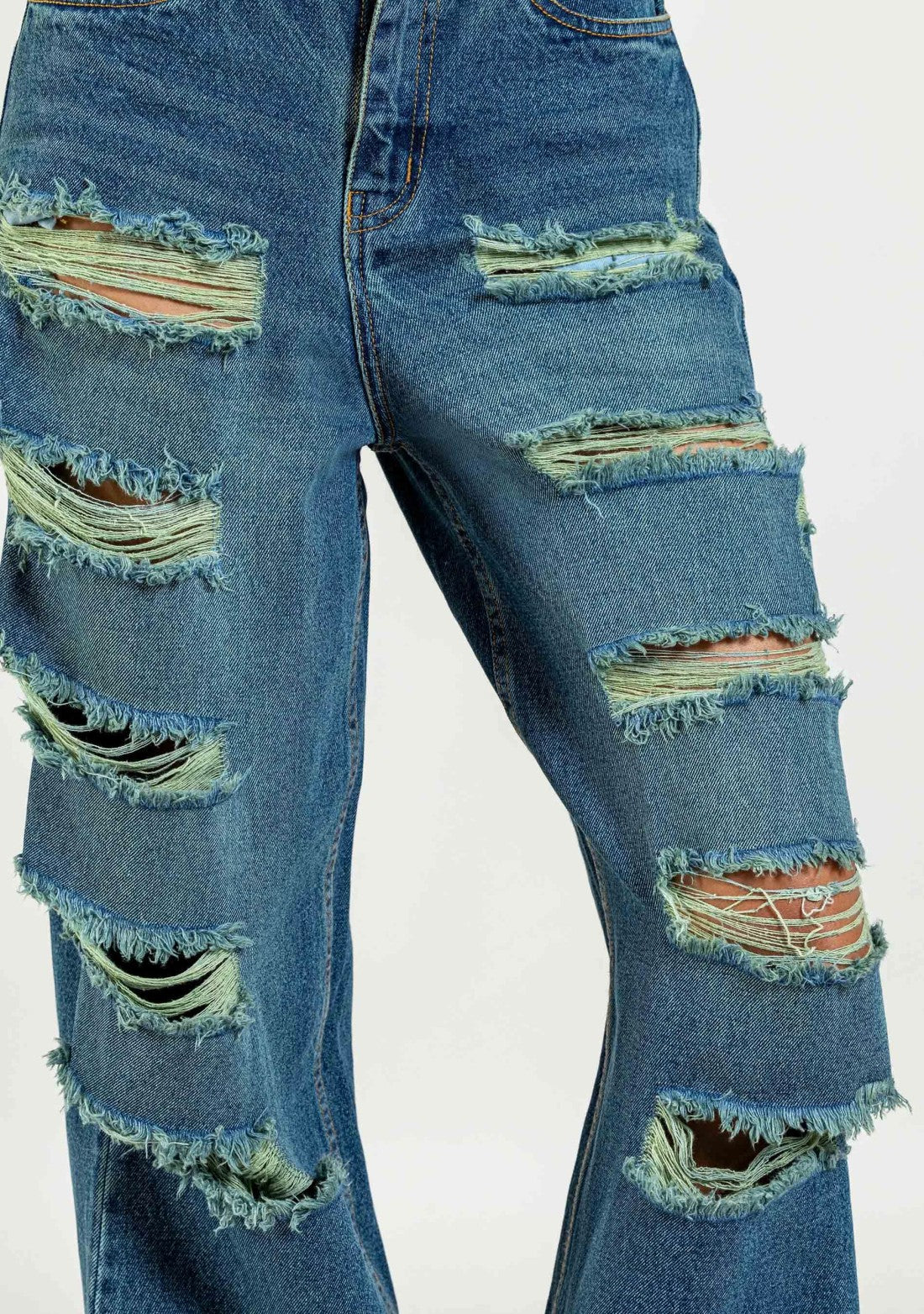 Greenish Blue Wide Leg Women's Distressed Jeans bottom wear