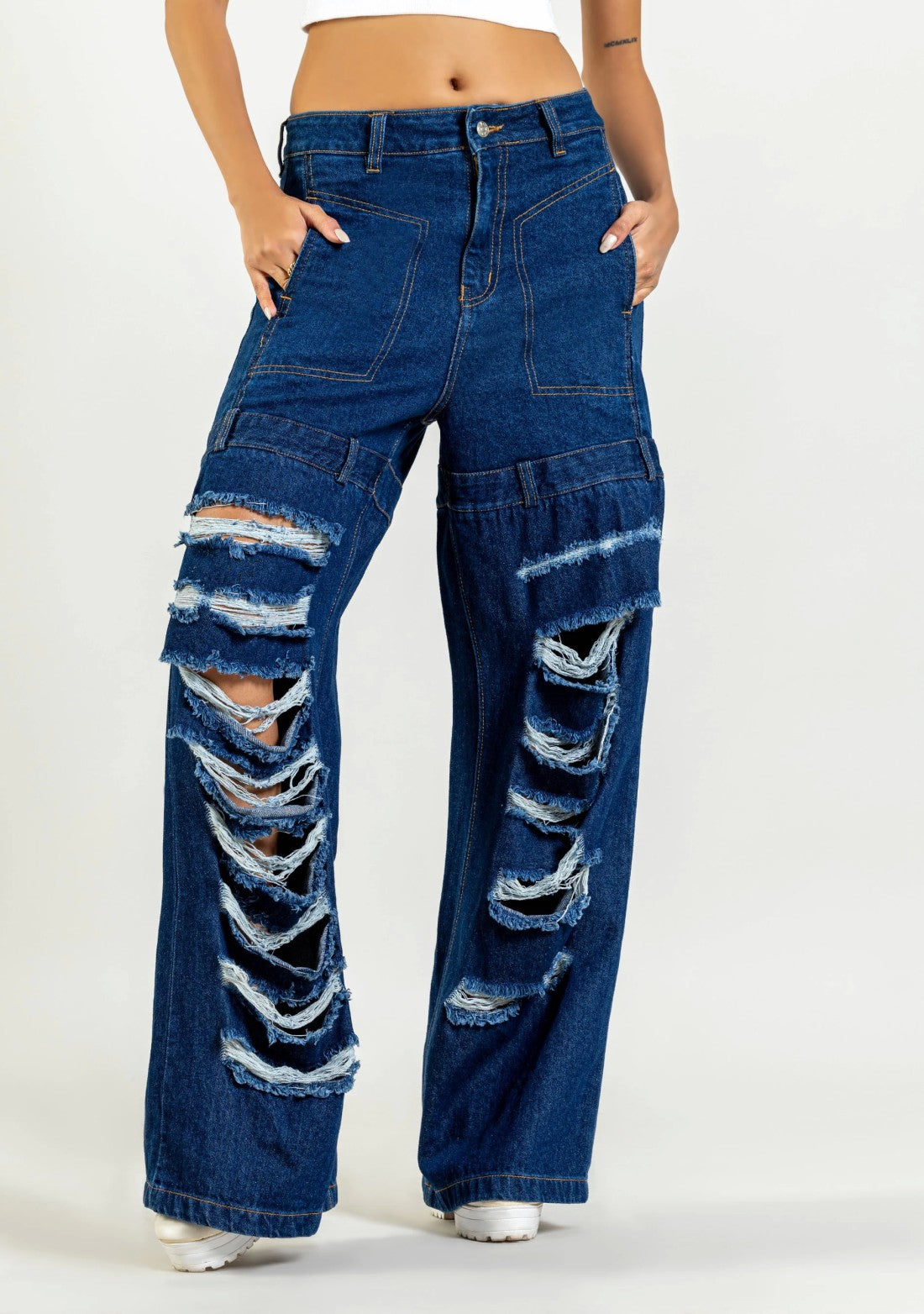 Blue Wide Leg Heavy Distressed Women's Jeans bottom wear