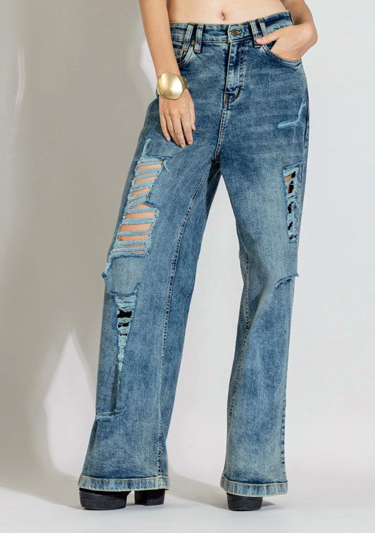 Blue Wide Leg Women's Distressed Jeans bottom wear