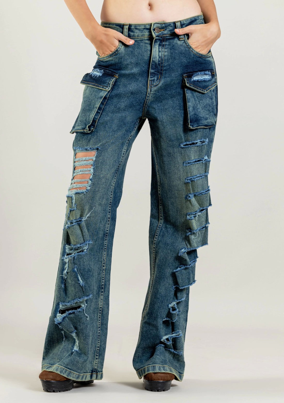 Blue Wide Leg Women's Distressed Cargo Style Jeans bottom wear