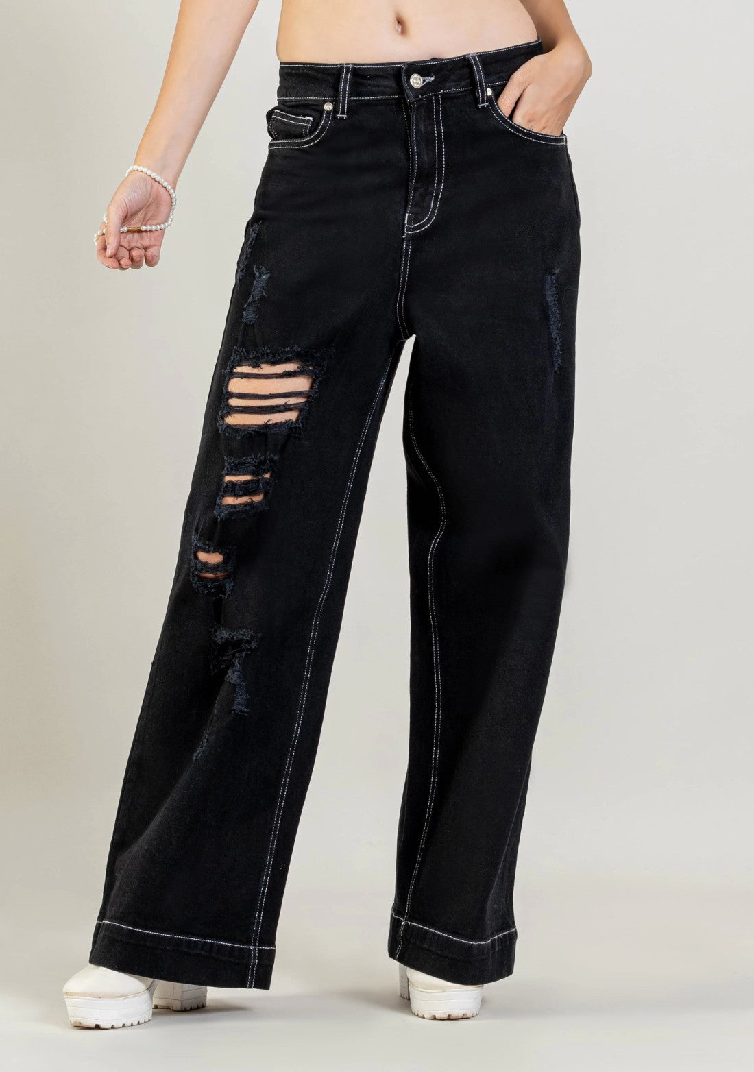 Black Wide Leg Women’s Distressed Jeans bottom wear