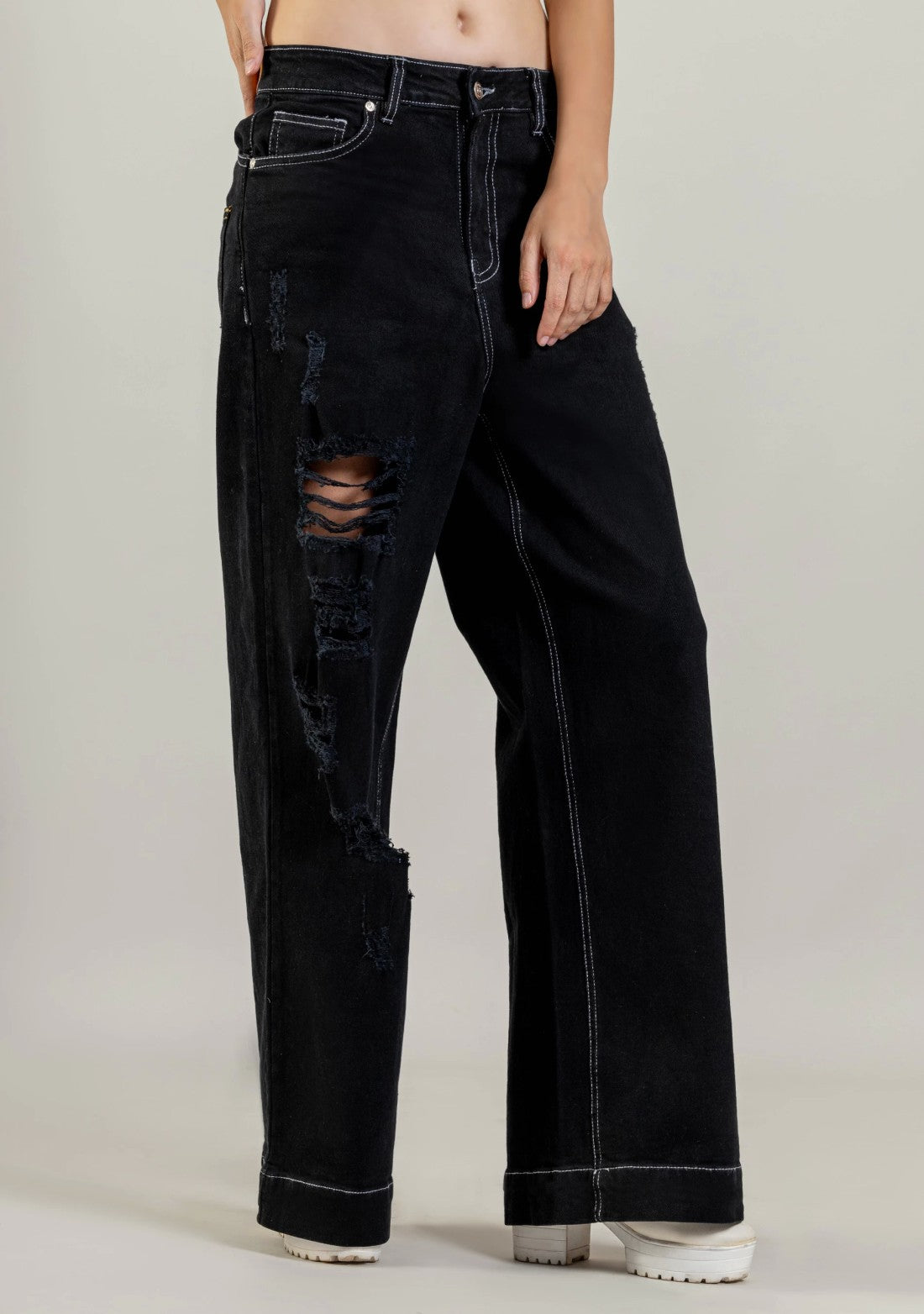 Black Wide Leg Women’s Distressed Jeans bottom ware