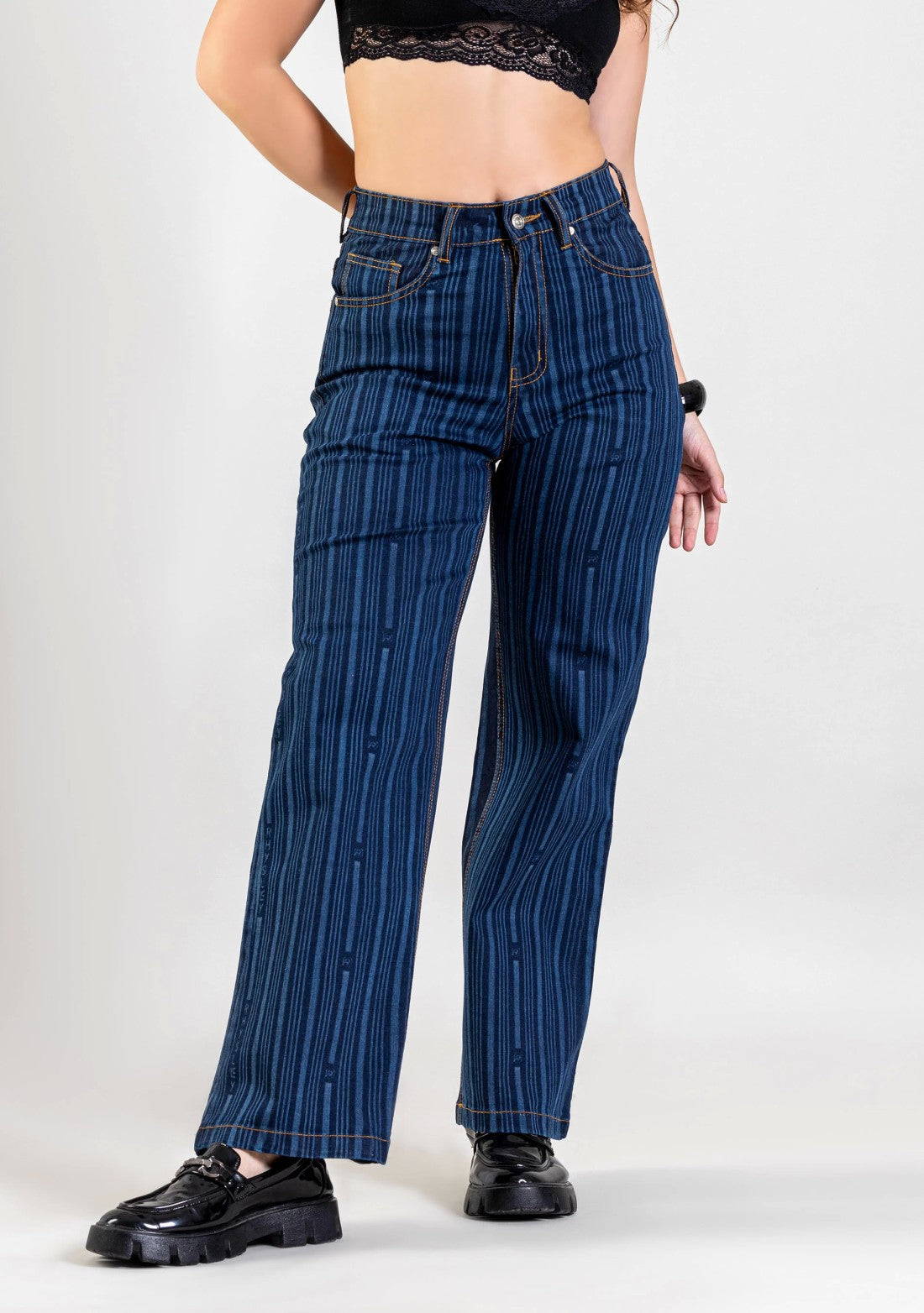 Blue Wide Leg Women's Laser Stripe Print Jeans bottom wear