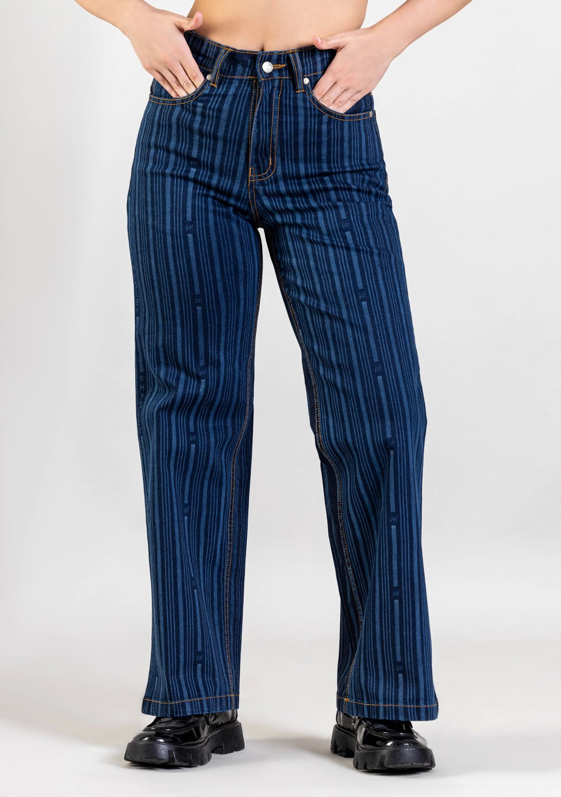 Blue Wide Leg Women's Laser Stripe Print Jeans bottom wear