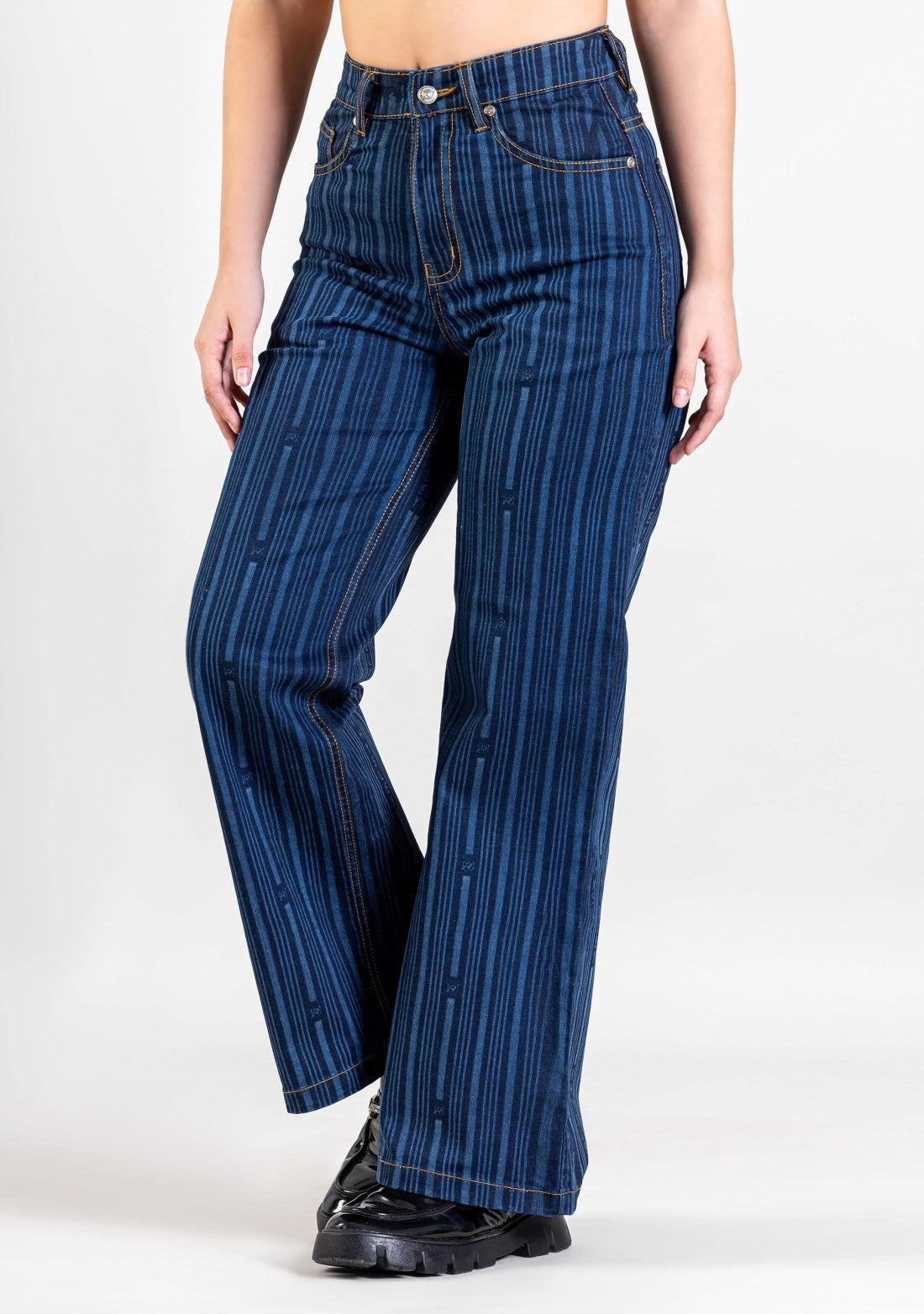 Blue Wide Leg Women's Laser Stripe Print Jeans bottom wear