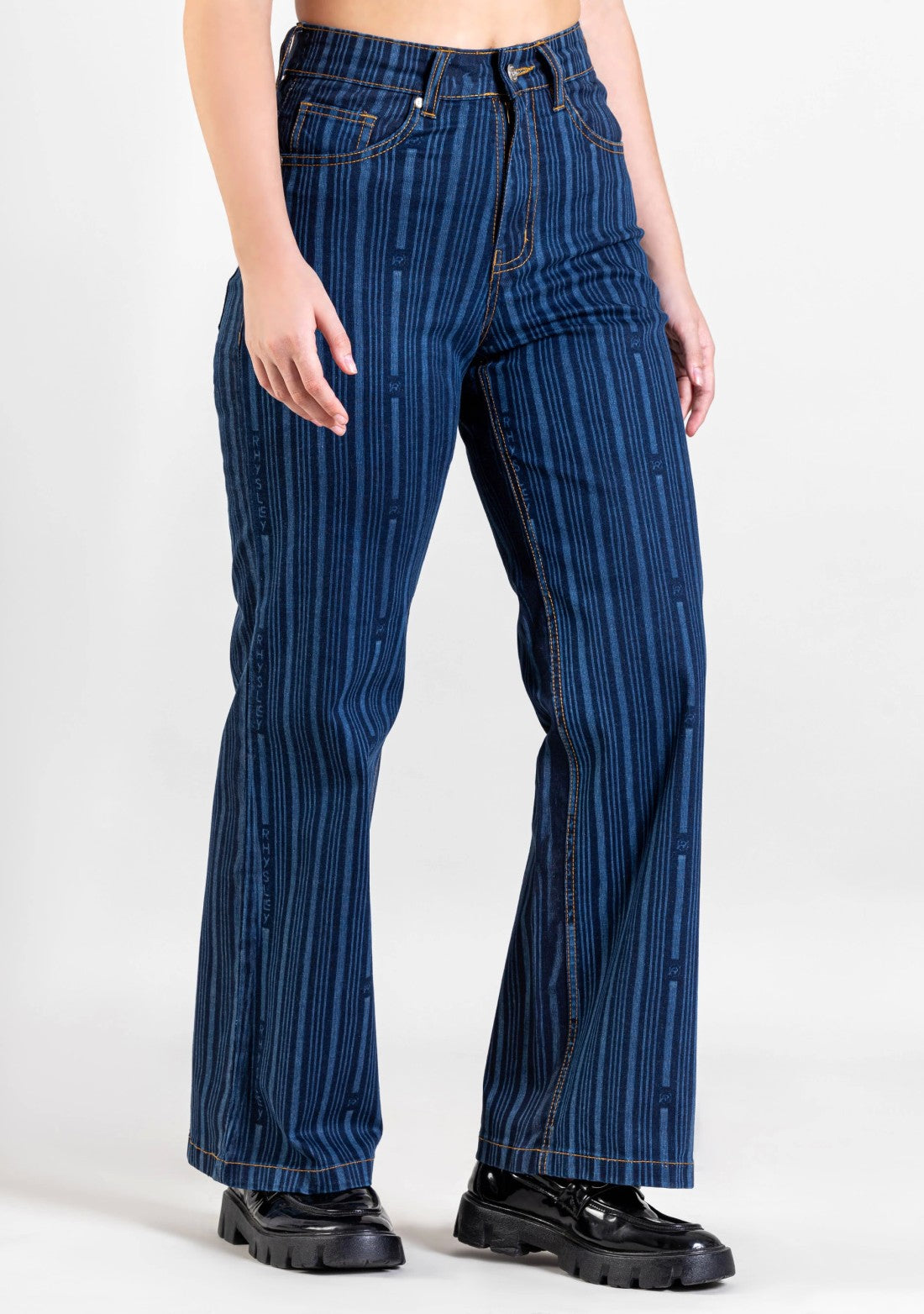 Blue Wide Leg Women's Laser Stripe Print Jeans bottom wear