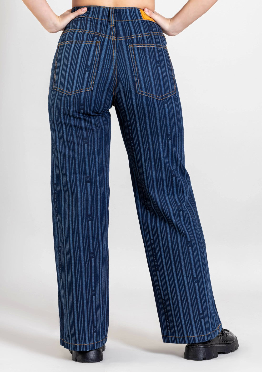 Blue Wide Leg Women's Laser Stripe Print Jeans bottom wear