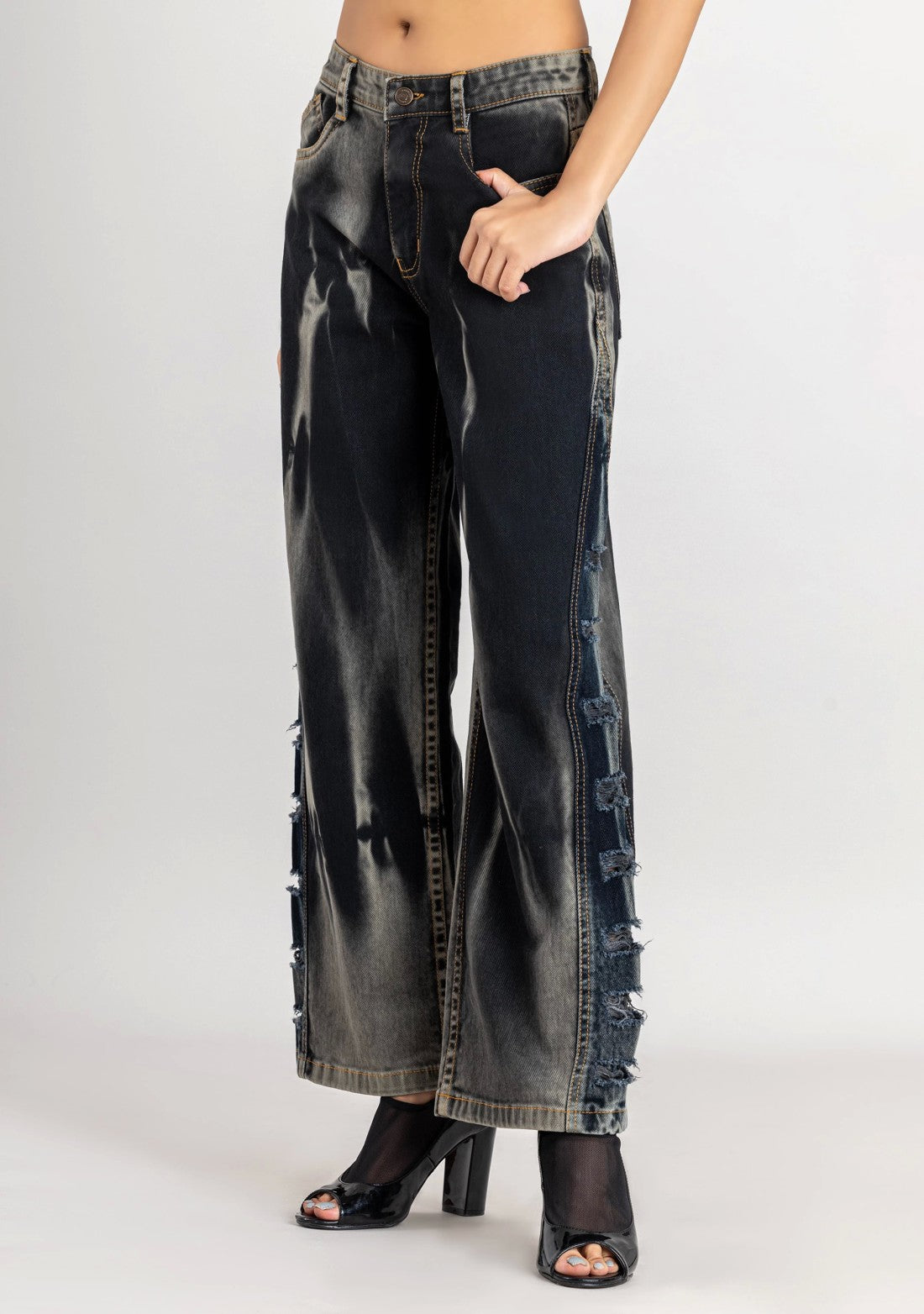 Blackish Grey Wide Leg Women's Fashion Jeans bottom ware