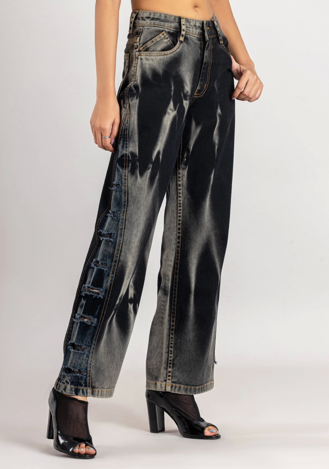 Blackish Grey Wide Leg Women's Fashion Jeans bottom ware