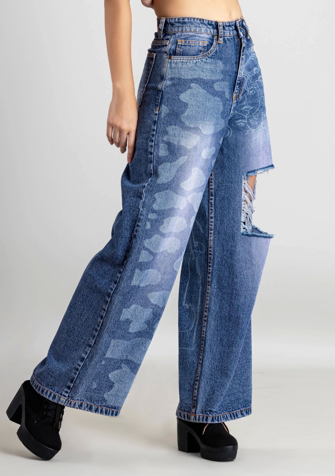 Blue Laser Print Wide Leg Women's Distressed Jeans bottom wear