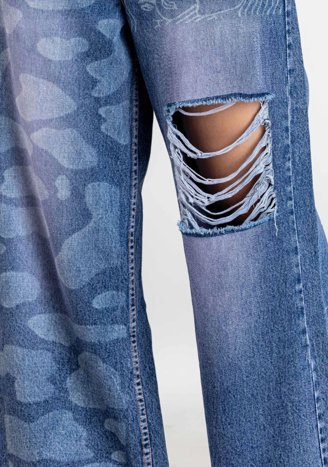 Blue Laser Print Wide Leg Women's Distressed Jeans bottom wear