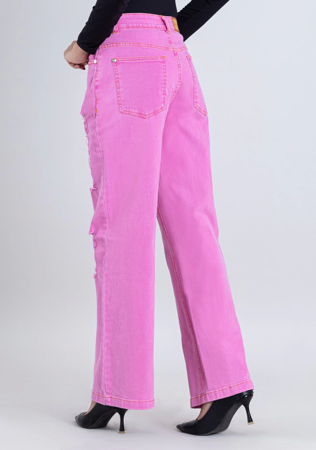 Pink Wide Leg Women's Distressed Jeans bottom ware