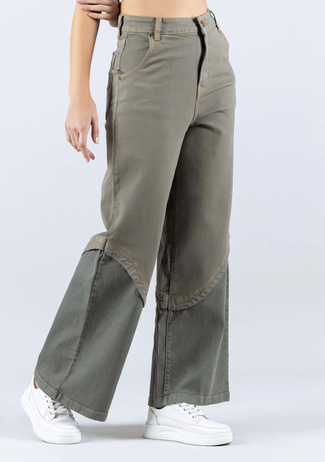 Grey Wide Leg Two Tone Panel Fashion Women's Jeans bottom wear