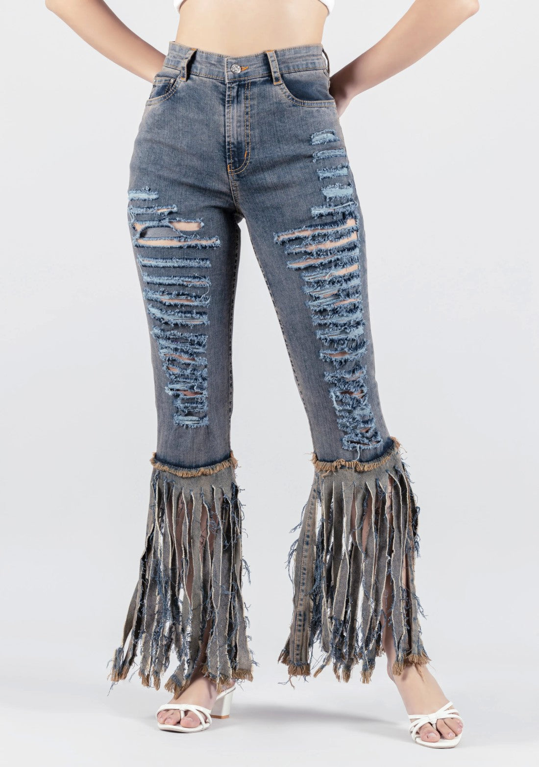 Blue Slim Fit Distressed Frayed Fringe Women's Jeans bottom wear