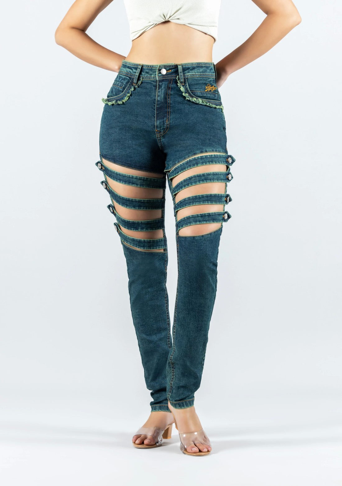 Greenish Blue Skinny Fit Cross Panel Thigh Open Women's Jeans bottom wear