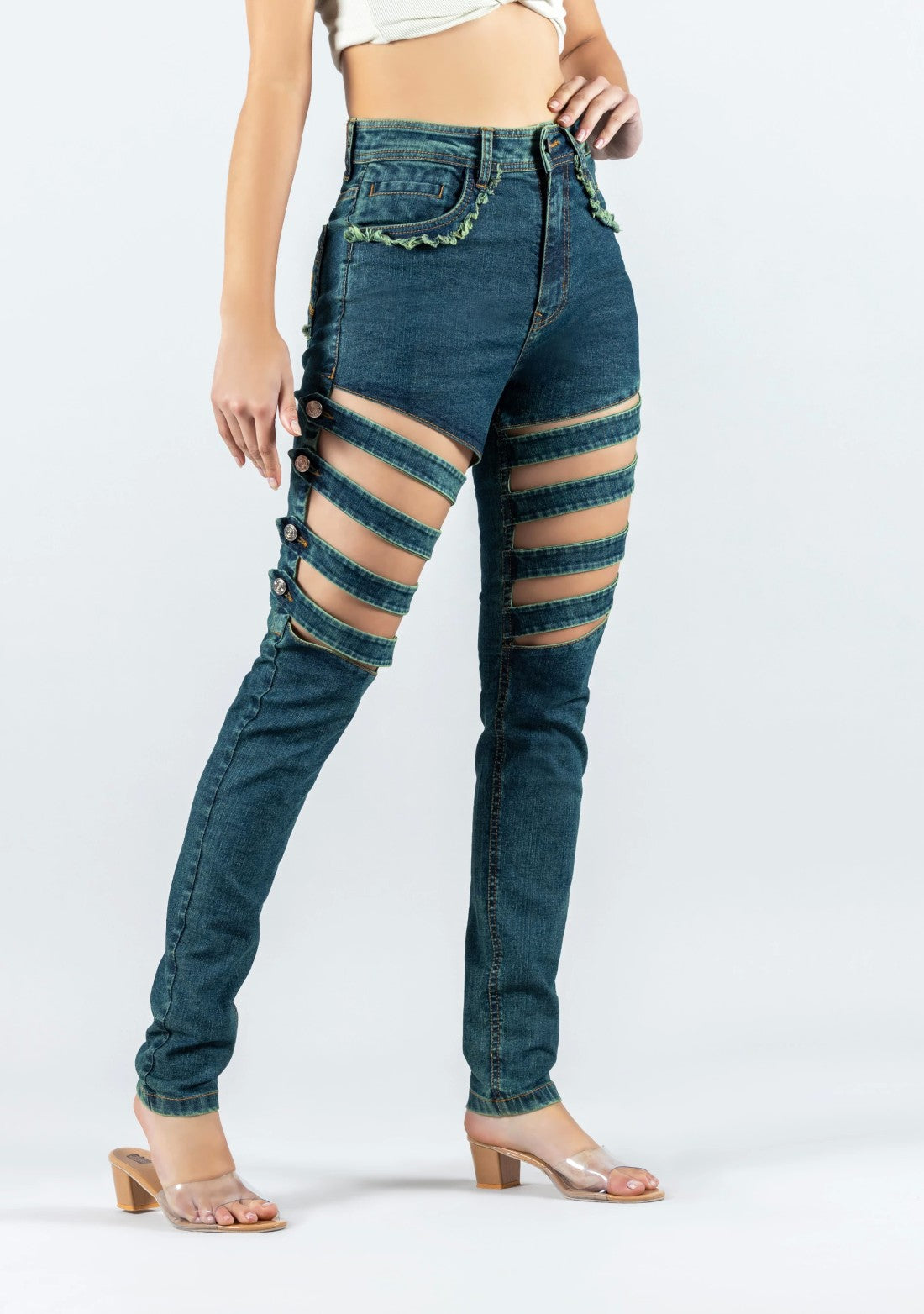 Greenish Blue Skinny Fit Cross Panel Thigh Open Women's Jeans bottom wear