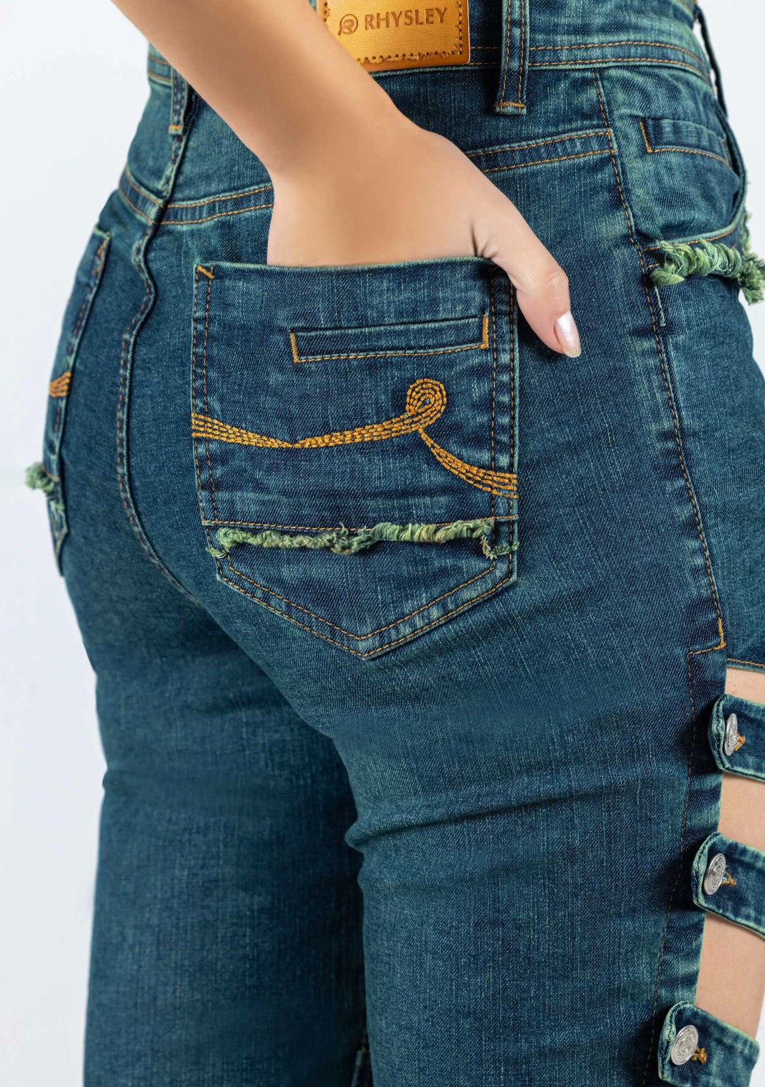 Greenish Blue Skinny Fit Cross Panel Thigh Open Women's Jeans bottom wear