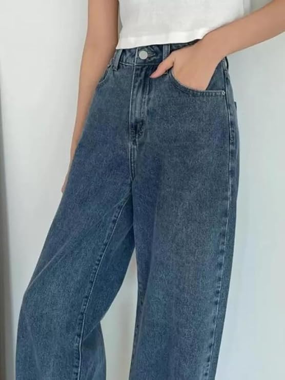 female High Waist Straight Fit Jeans for Women Cotton Lycra Stretchable Wide Leg Denim bottomwear