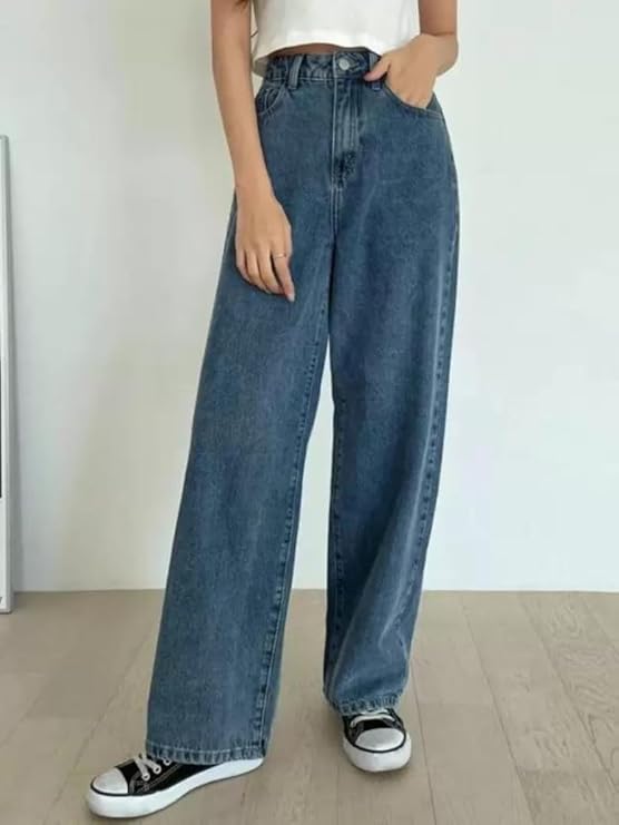 female High Waist Straight Fit Jeans for Women Cotton Lycra Stretchable Wide Leg Denim bottomwear