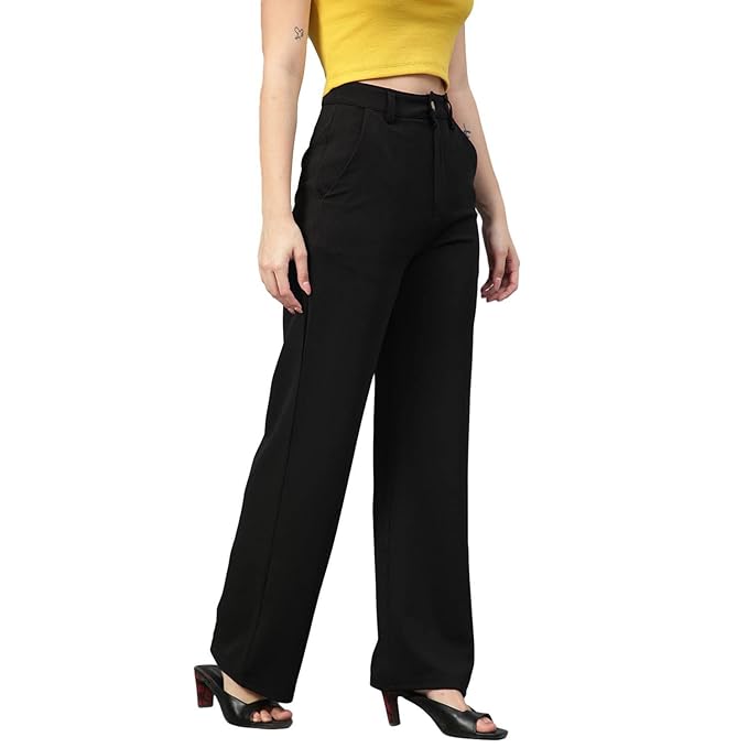 Womens High Rise Viscose Rayon Straight Fit Solid Trousers bottomwear