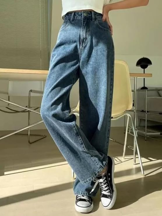 female High Waist Straight Fit Jeans for Women Cotton Lycra Stretchable Wide Leg Denim bottomwear