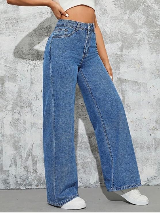 female High Waist Boyfriend Women Jeans Cotton Lycra Stretchable Wide Leg Denim bottomwear