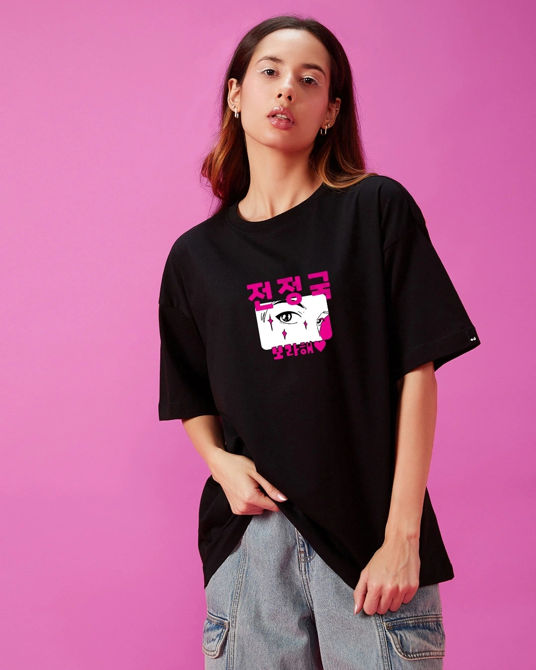 Women's Black In 3D BTS Graphic Printed Oversized T-shirt