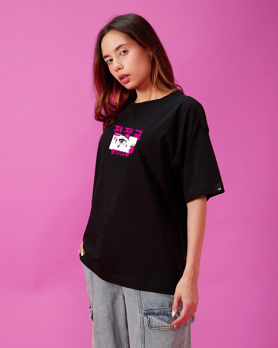 Women's Black In 3D BTS Graphic Printed Oversized T-shirt