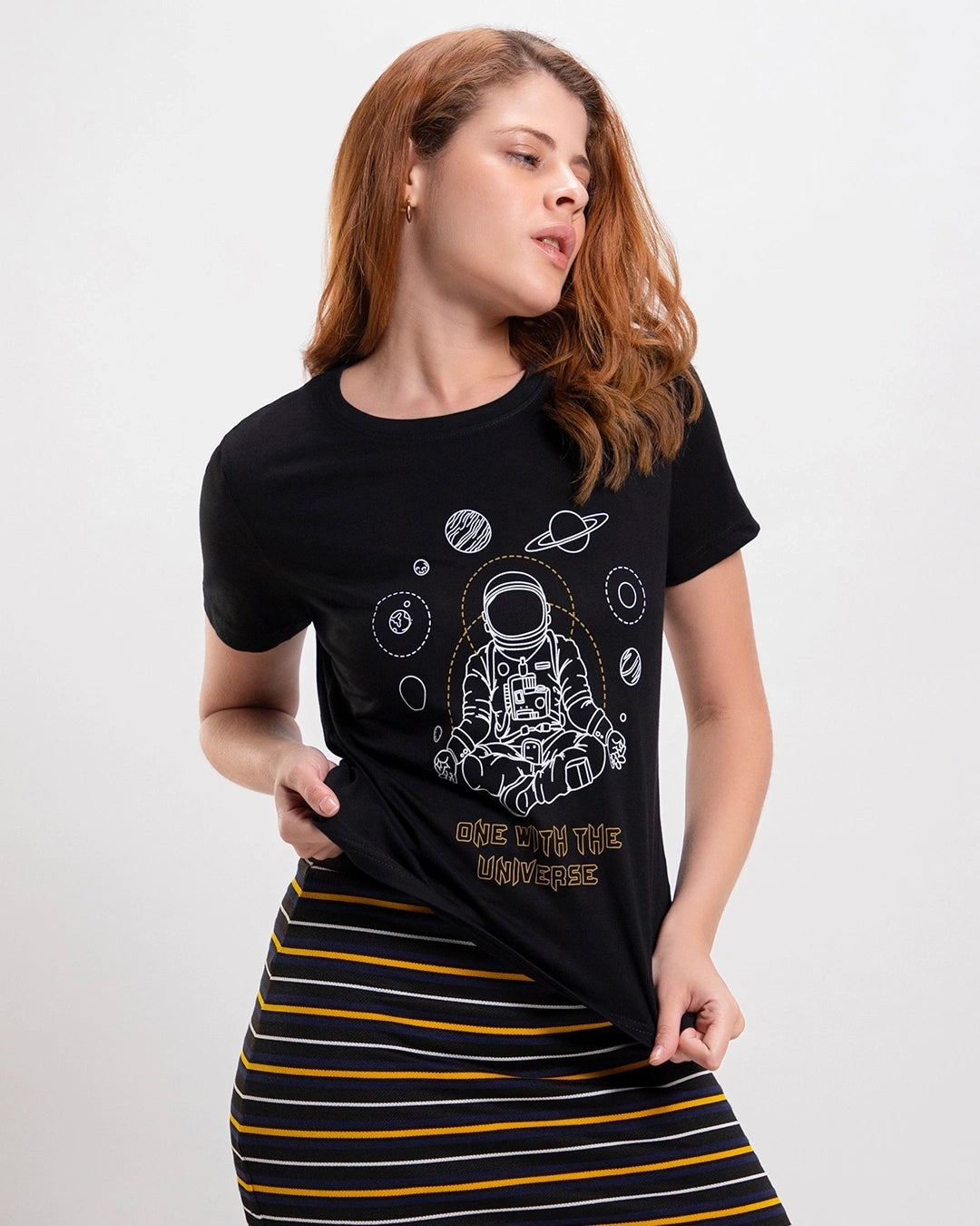 Women's Black One With The Universe Graphic Printed T-shirt