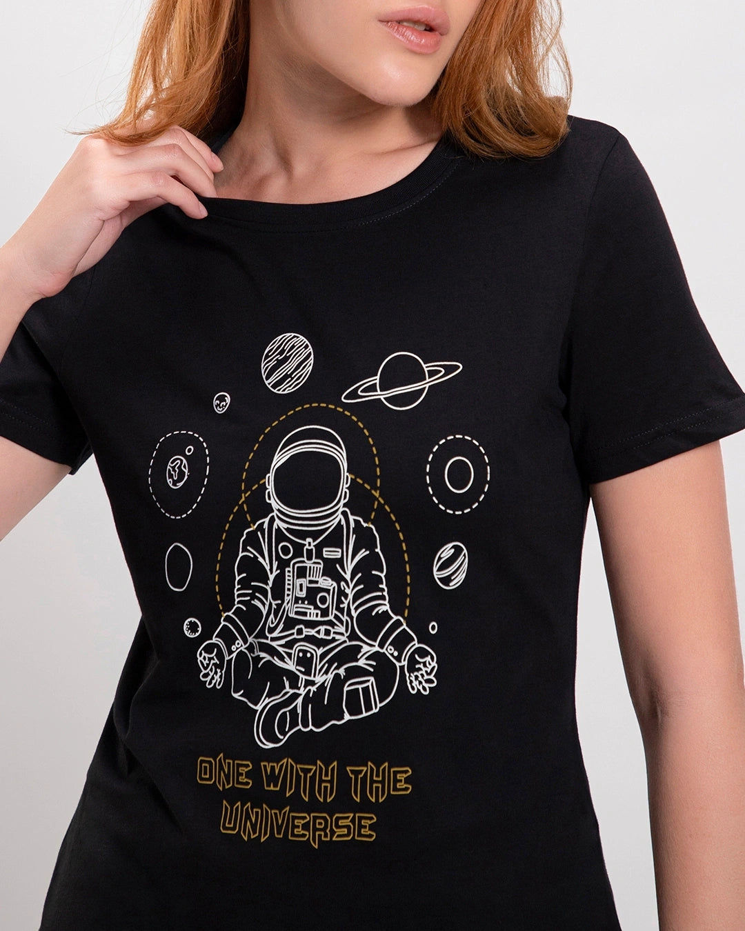 Women's Black One With The Universe Graphic Printed T-shirt