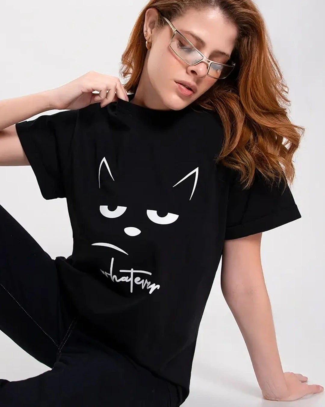 Women's Black Whatever Cat Graphic Printed Boyfriend T-shirt