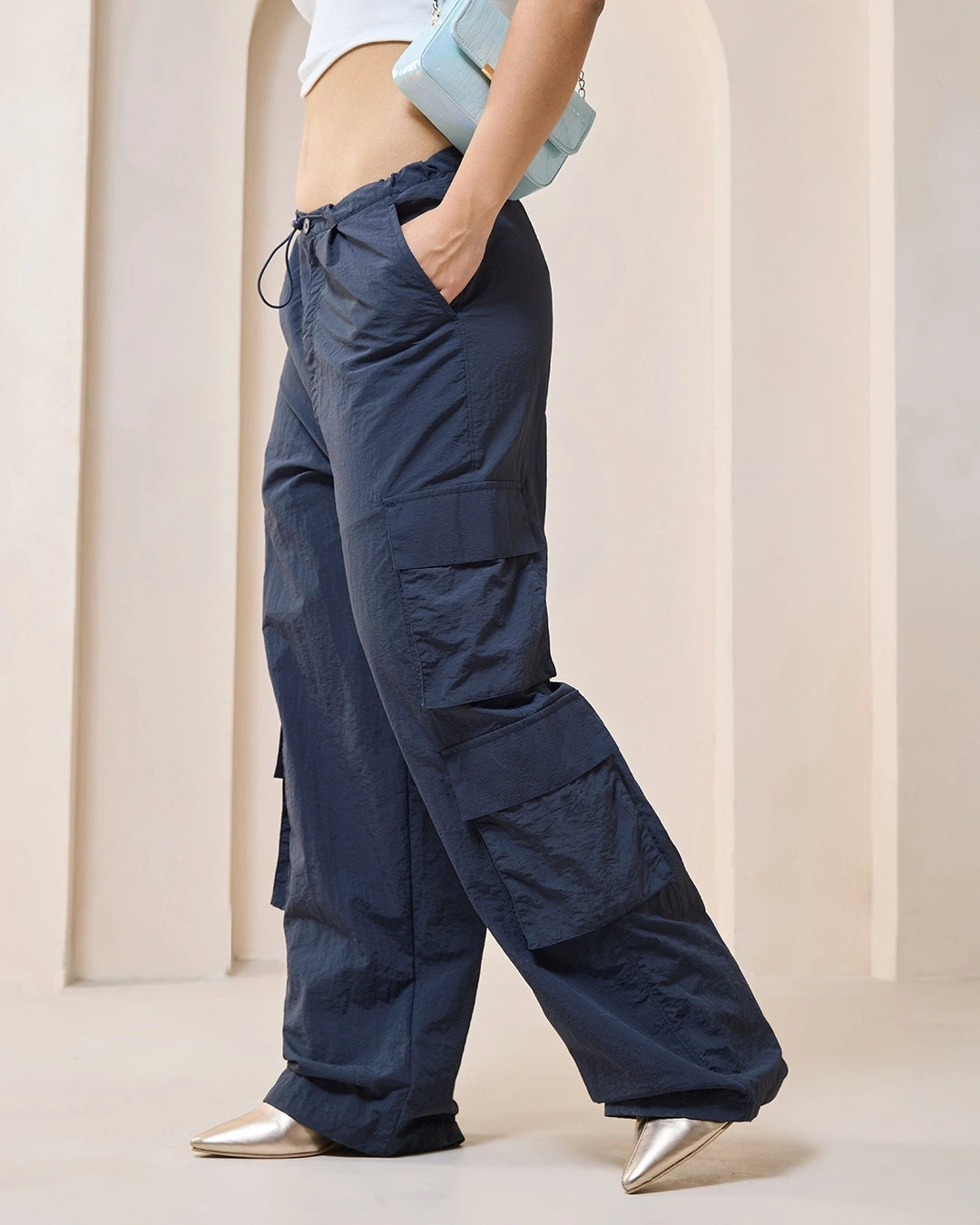 Women's Blue Oversized Cargo Parachute Pants bottomwear