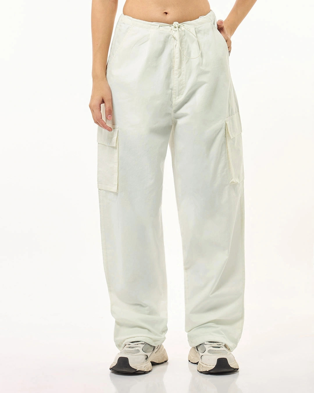 Women's Off White Oversized Cargo Parachute Pants bottomwear