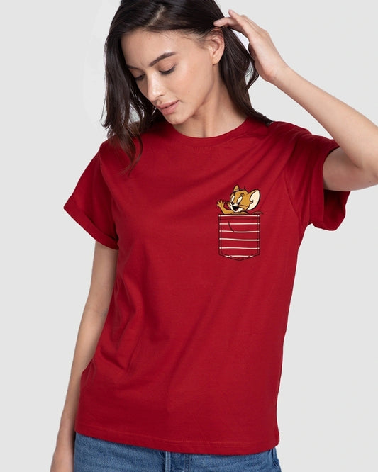 Women's Red Pocket Jerry Graphic Printed Boyfriend T-shirt